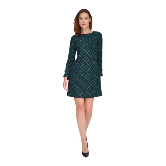 Tommy Hilfiger Petite Plaid Long Sleeve Bow Cuff Shift Dress Green‎ 0P - Picture 3 of 4